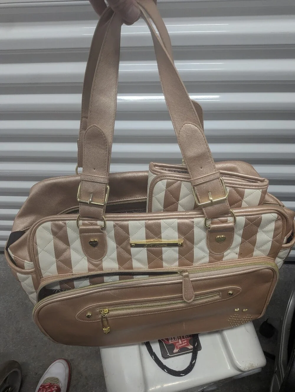 Betsey JOHNSON Rose Gold Quilted Stripe Tote  Diaper Bag with Matching Baby Mat
